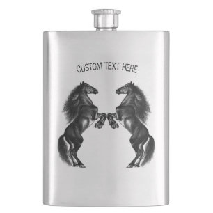 Upright Black Wild Horses Drawing - Add Your Text Hip Flask