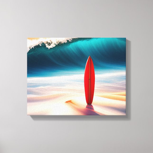Upright Surfboard In Beach Sand Canvas Print (Front)