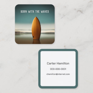 Upright Wooden Surfboard On Ocean Beach  Square Business Card