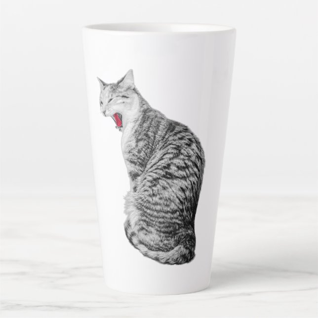 Upright Yawning Tabby Cat Monochrome Art Mug (Front)
