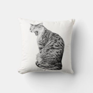 Upright Yawning Tabby Cat Monochrome Throw Pillow