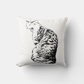 Upright Yawning Tabby Cat Monochrome Throw Pillow