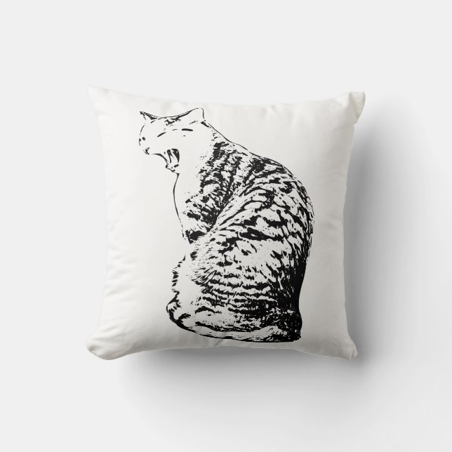 Upright Yawning Tabby Cat Monochrome Throw Pillow (Front)