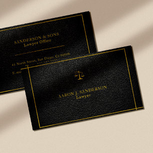 Upscale faux black leather gold typography lawyer business card