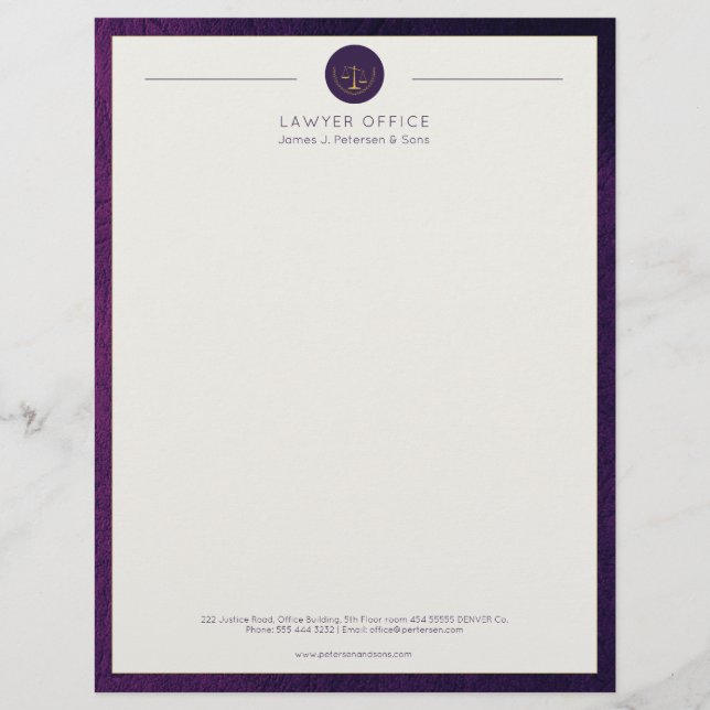 Upscale office purple leather look and gold lawyer custom letterhead (Front)