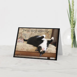 Upside Down Black and White Cat Card