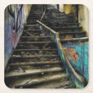 Urban Art on Stairs Abandoned Building Square Paper Coaster