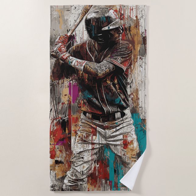 Urban Baseball Player Graffiti Art Illustration Beach Towel (Front)