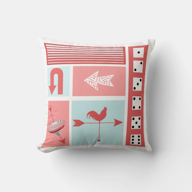 Urban Chicken Farm Mid-Century Aqua Red Retro Cushion (Front)