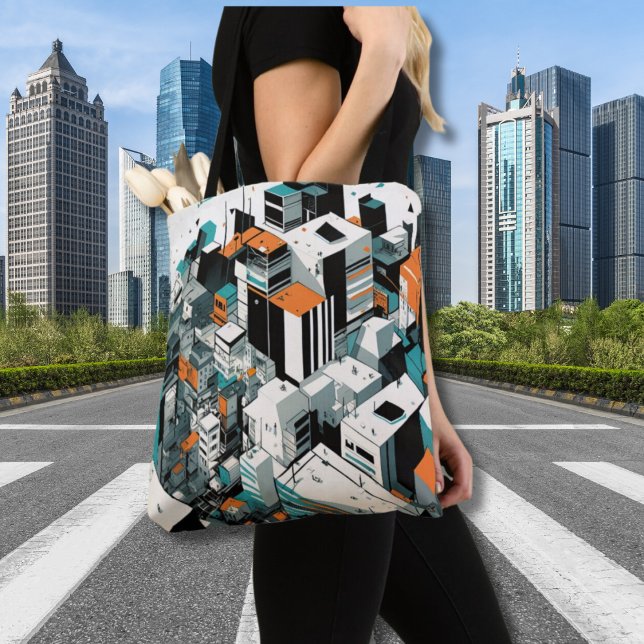 Urban City Skyscraper High Rise Buildings Abstract Tote Bag (Urban Rhythms Cityscape All-Over Printed Tote)