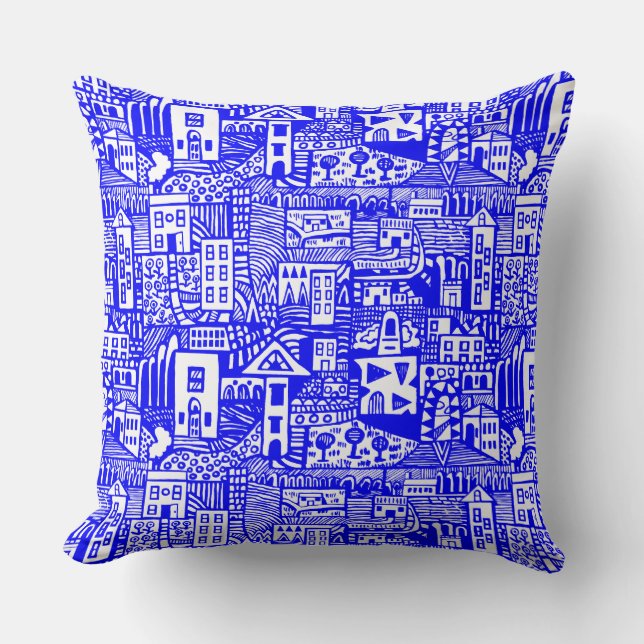 Urban Dream - Blue on White Cushion (Front)
