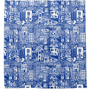 Urban Dream - Navy Blue on White Shower Curtain