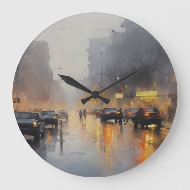 Urban Evening Rain Scene Large Clock (Front)