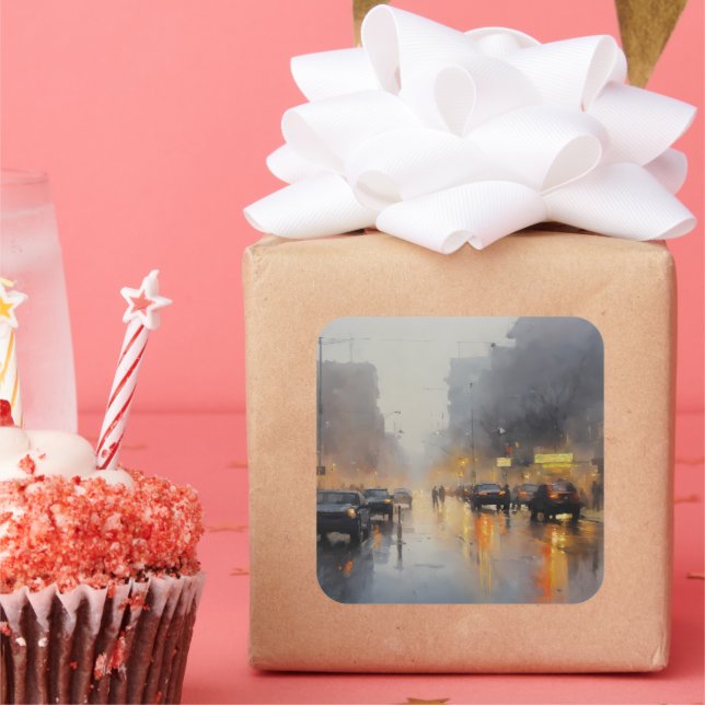 Urban Evening Rain Scene Square Sticker (Party)