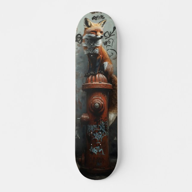 Urban Fox on Fire Hydrant - Gritty Street Art Skateboard (Front)