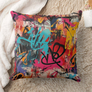 Urban Graffiti Collage with Bold Colours Paint Cushion