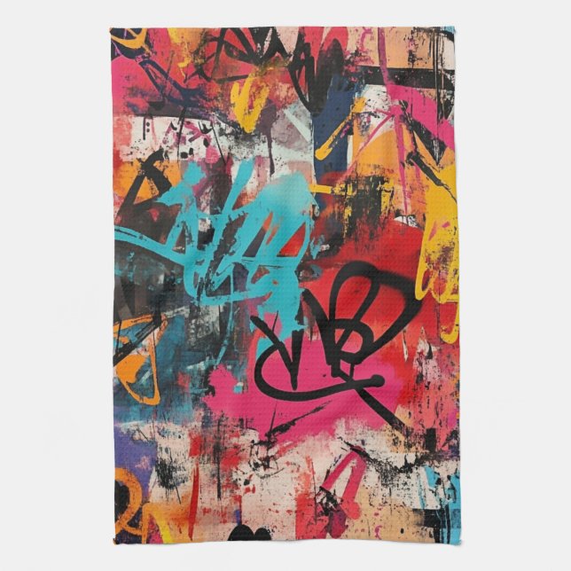 Urban Graffiti Collage with Bold Colours  Paint Tea Towel (Vertical)