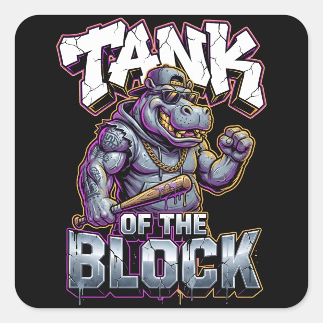 Urban Graffiti Hippo Tank of the Block Wall Art Square Sticker (Front)