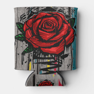 Urban Graffiti Red Rose Drip on Gray Wood Paint Can Cooler
