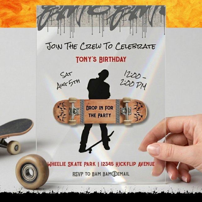 Urban Graffiti Skateboarding Party Acrylic Invitations (Epic skateboard crew birthday invite. Modern clear acrylic with gritty street art & graffiti drips.)