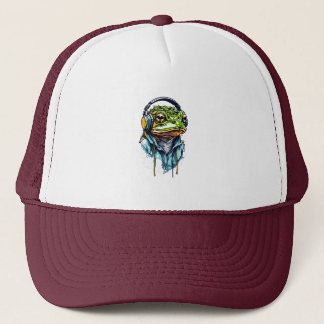 Urban Groove: Colourful Frog with Headphones Trucker Hat (Front)