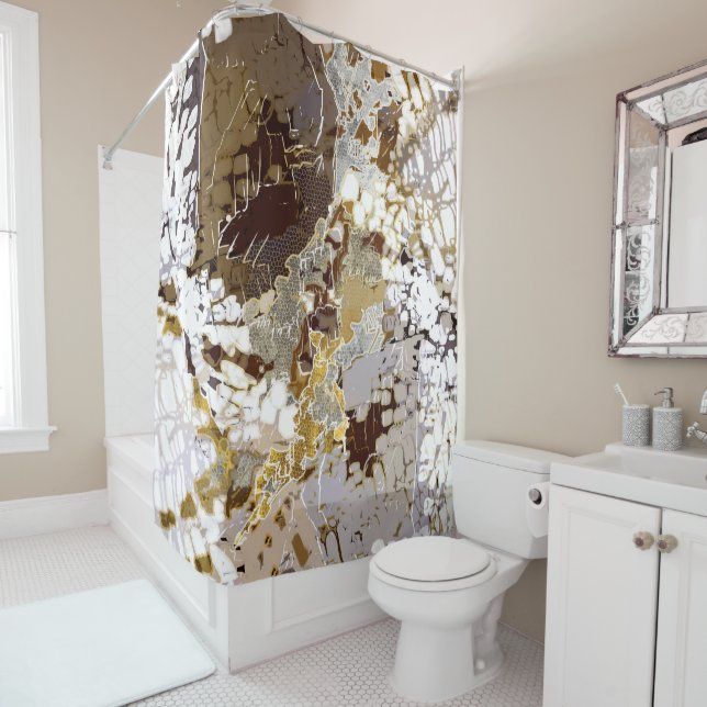 Urban, modern, abstract pattern, white, brown gold shower curtain (In Situ)