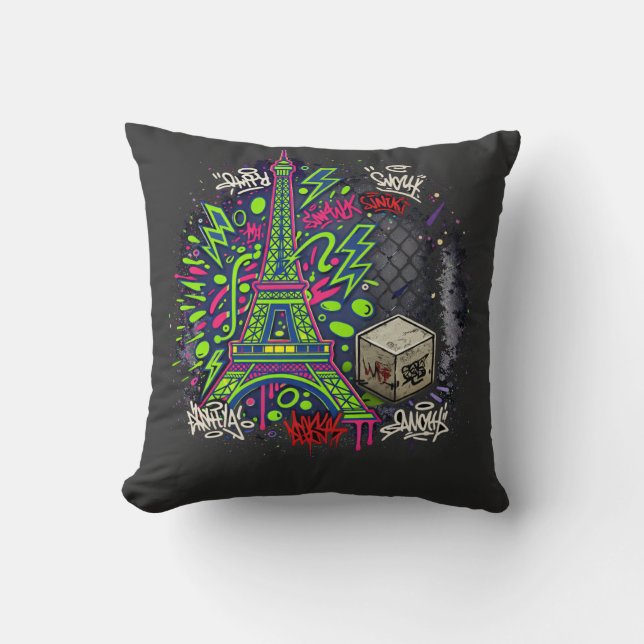 Urban Neon Graffiti Eiffel Tower Cushion (Front)