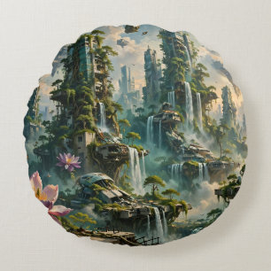 Urban Renewal Futuristic Post Apocalyptic City Round Cushion