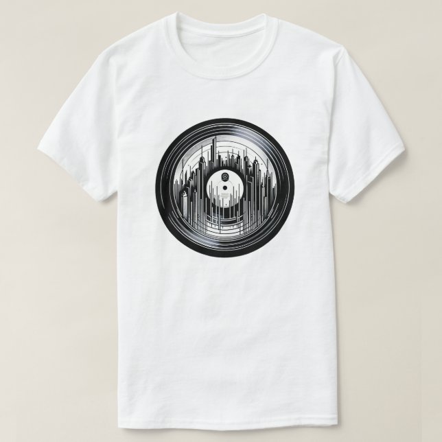 Urban Rhythm - Vinyl Record City Skyline Art T-Shirt (Design Front)