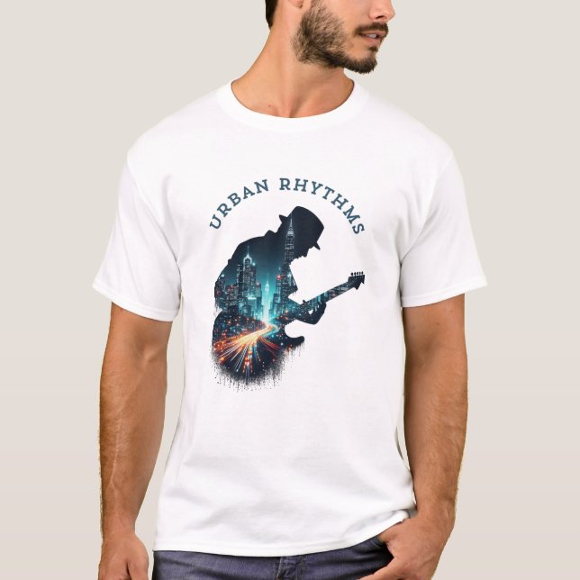 "Urban Rhythms - Cityscape Guitar Music T-Shirt" T-Shirt (Front)