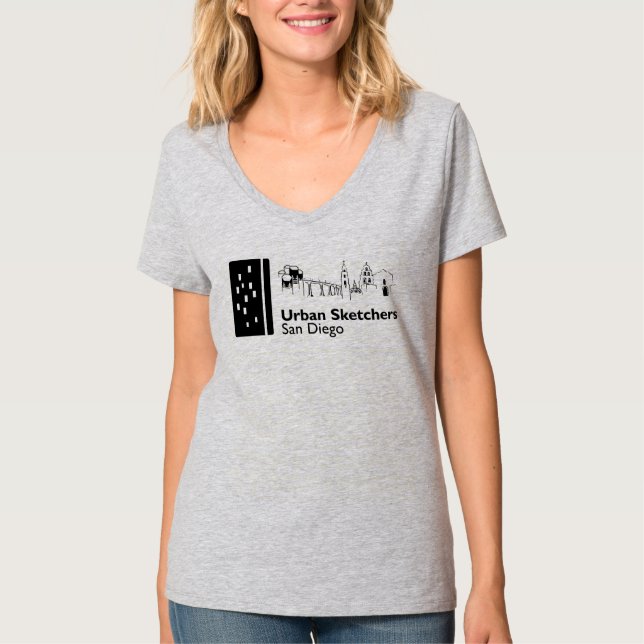 Urban Sketchers San Diego Women's Grey V-neck  T-Shirt (Front)