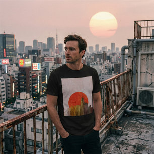 Urban Skyline with Red Sun Grunge Cityscape  T-Shirt