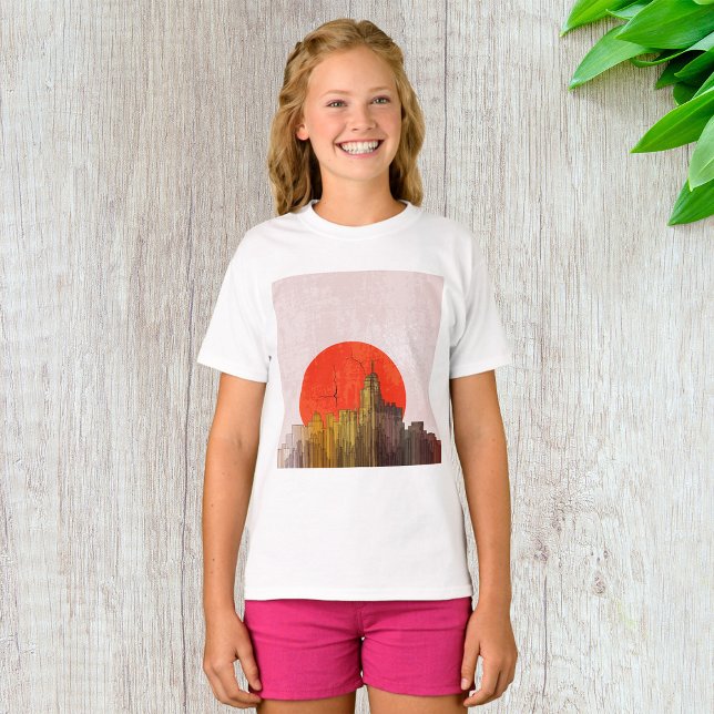 Urban Skyline with Red Sun Grunge Cityscape  T-Shirt (Creator Uploaded)