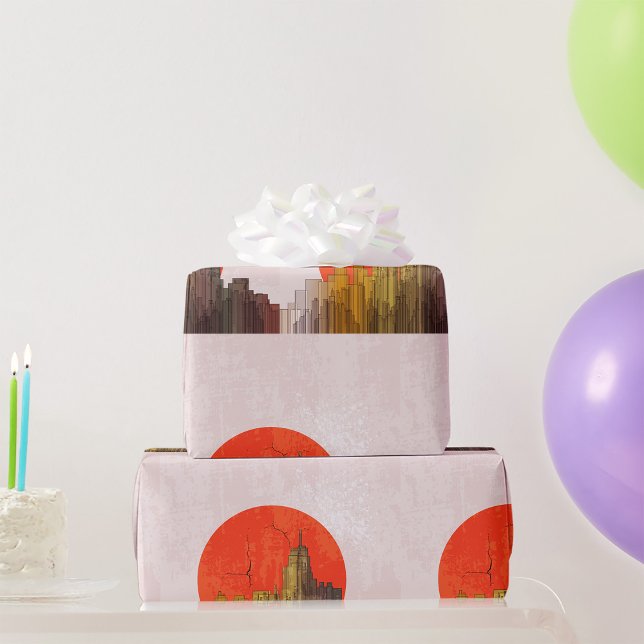 Urban Skyline with Red Sun Grunge Cityscape  Wrapping Paper (Creator Uploaded)