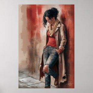 Urban Solitude: Figure Against the Red Wall Poster