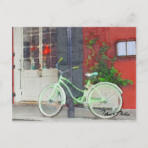 Urban Travel Green Bicycle Watercolor Postcard