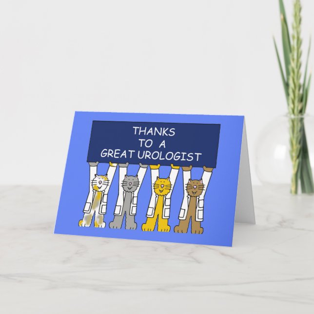Urologist Thanks, Cartoon Cats in White Coats. Thank You Card (Front)