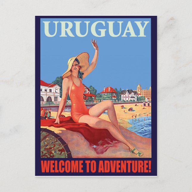 Uruguay, girl on the beach, vintage travel postcard (Front)