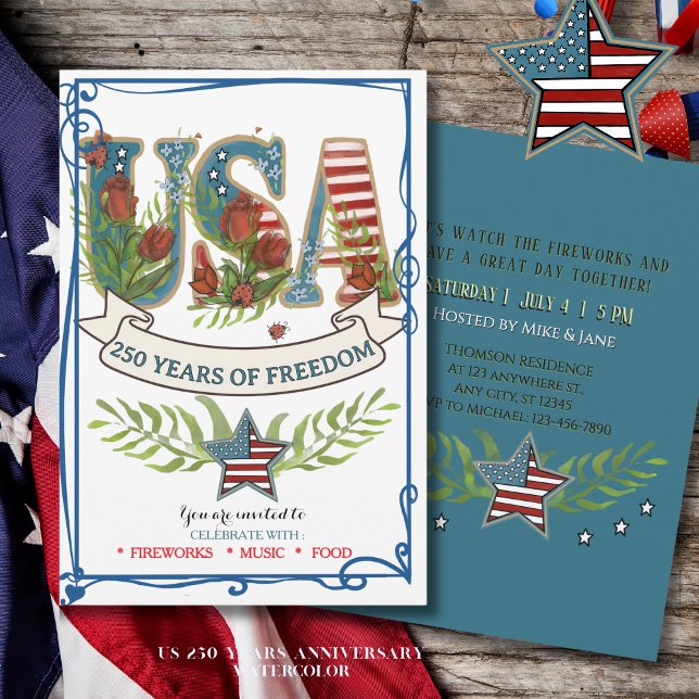 US 250 Years of Freedom  Watercolor 4th July  Invitation (US 250 Years of Freedom Watercolor 4th July Invitation)
