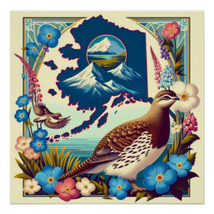 US Alaska State Bird and Flower Design Poster