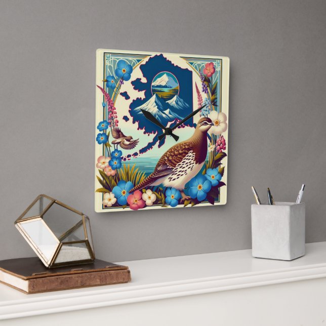 US Alaska State Bird and Flower Design Square Wall Clock (Office)
