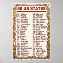 Us Alphabetical List 50 States Abbreviations Gold