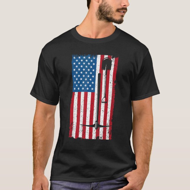 Us America Flag Underground Mining Miner Mining Ax T-Shirt (Front)