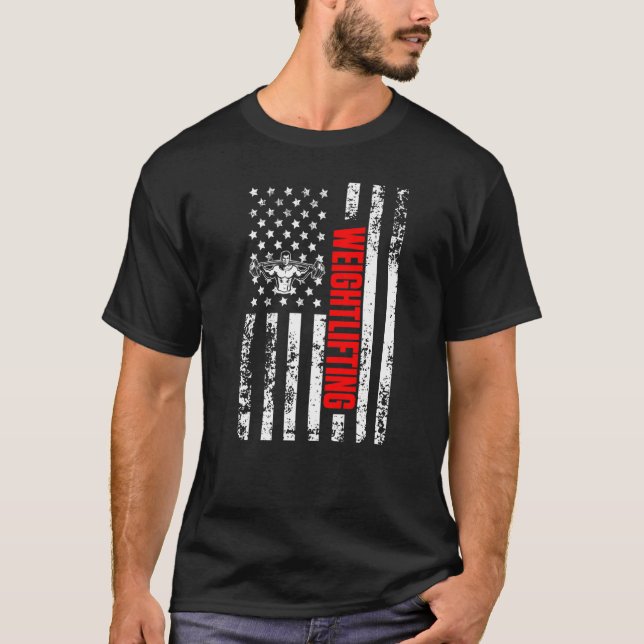 US American Flag Gym Sports Patriotic Weightliftin T-Shirt (Front)