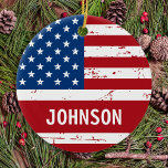 US American Flag Personalised Red Blue Patriotic Ceramic Tree Decoration<br><div class="desc">This American Flag ornament is the perfect way to show off your patriotic spirit this holiday season. The ornament features the iconic Stars and Stripes design in bold red, white, and blue colours. It's a great gift for military veterans and their families, or anyone who loves America and wants to...</div>