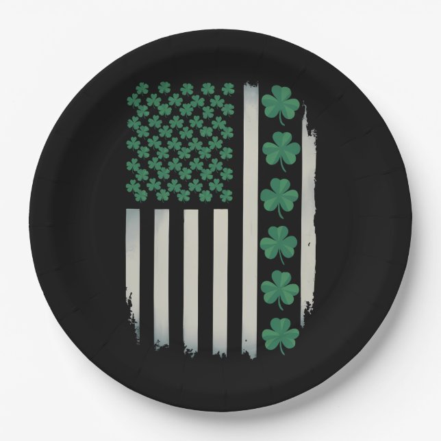 US American Flag Shamrocks St Patricks Day America Paper Plate (Front)