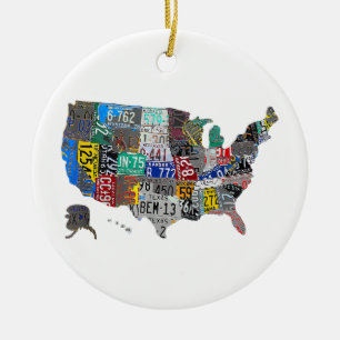 US American United States Map Flag License Plate Ceramic Tree Decoration