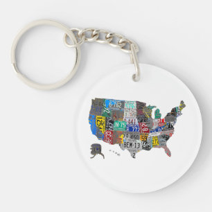 US American United States Map Flag License Plate Key Ring