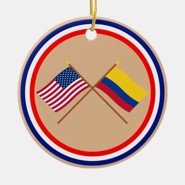 US and Colombia Crossed Flags Ceramic Tree Decoration (Front)