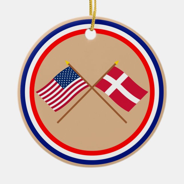 US and Denmark Crossed Flags Ceramic Tree Decoration (Front)